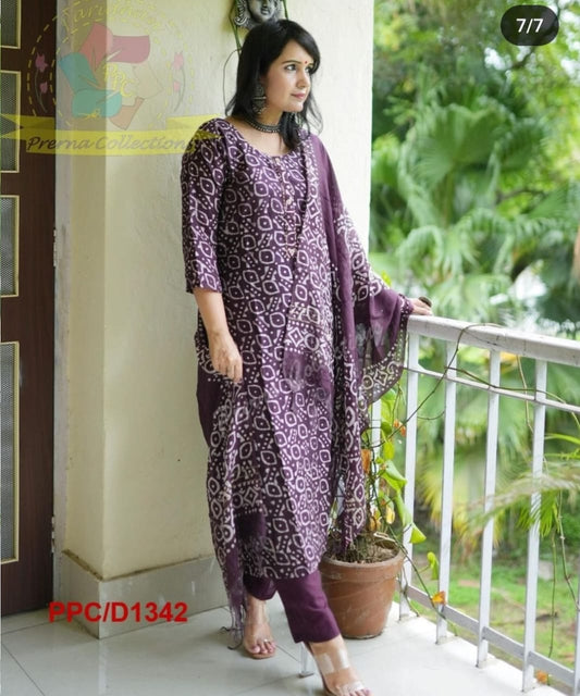 Ready Batik Print Kurti Pant Dupatta (Purple)