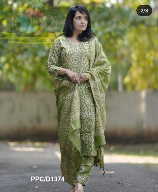 Ready Batik Print Kurti Pant Dupatta (Green)